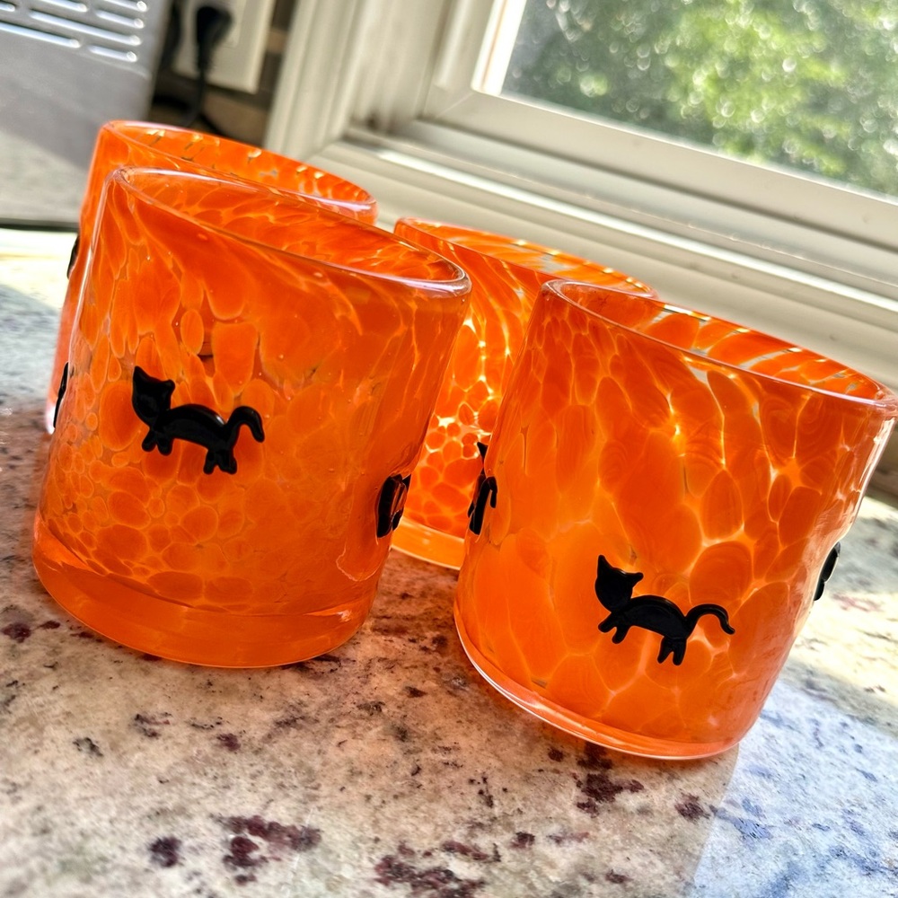 🎃 NEW Halloween orange black cat Double Old Fashion
Drinking Glasses set  of 4